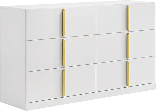 Coaster Home Furnishings - INES - Wood - 6-Drawer Dresser with Scratch-Resistant, Gold Pulls and Contemporary Style - Bedroom - White High Gloss - 223093