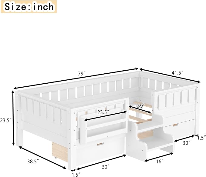 Bellemave Twin Size Kids Montessori Bed with Stairs and Bookshelf,Solid Wood Twin Size Kids Bed Frame with Drawers and Storage for Girls Boys,Low-Profile,White