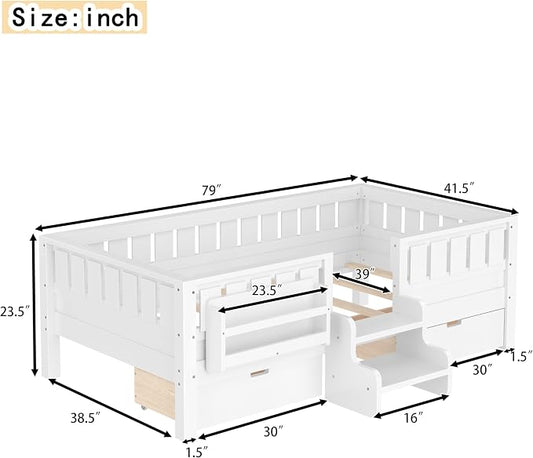 Bellemave Twin Size Kids Bed with high Rails and with Built-in Bookshelf and Drawers for Kids, Girls, Boys, Wood Montessori Bed Without Door, White