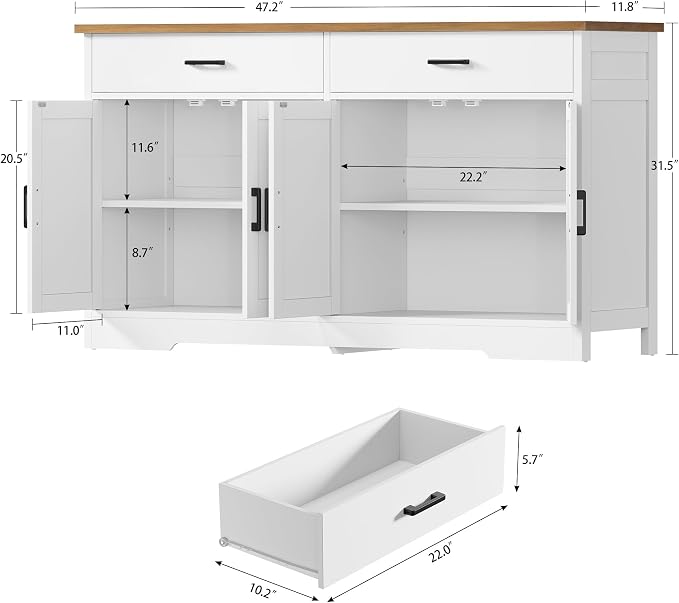 usikey Buffet Cabinet with Storage and 2 Drawers, Large Sideboard Buffet Cabinet with Adjustable Shelves and Doors, Modern Coffee Bar Cabinet, White