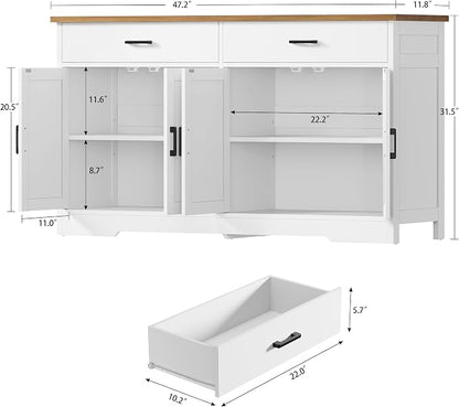 usikey Buffet Cabinet with Storage and 2 Drawers, Large Sideboard Buffet Cabinet with Adjustable Shelves and Doors, Modern Coffee Bar Cabinet, White