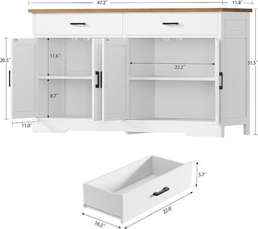 usikey Buffet Cabinet with Storage and 2 Drawers, Large Sideboard Buffet Cabinet with Adjustable Shelves and Doors, Modern Coffee Bar Cabinet, White