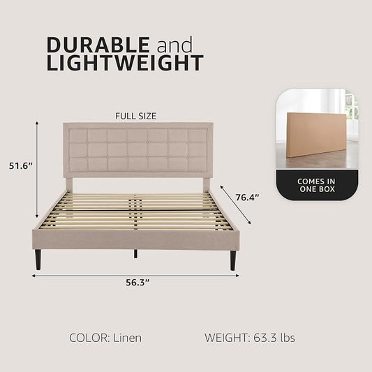 Decoro Mornington Upholstered 2.0 Platform Bed, Button-Tufted Fabric Headboard and Metal Frame with Wood Slat Support, Linen, Full