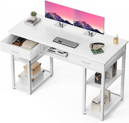 DUMOS 48" Small Computer Home Office Desk for Bedroom with Drawers, Gaming Writing Study Table with Storage Shelf, Adjustable Feet, Compact Desk for Gaming and Home Office Use, White