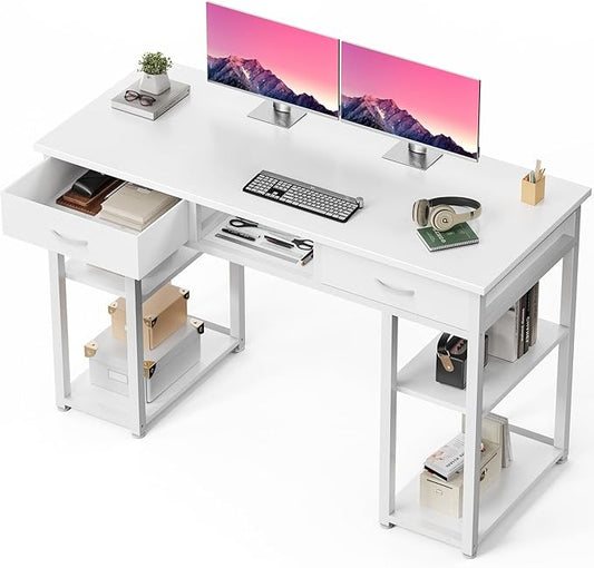 DUMOS 48" Small Computer Home Office Desk for Bedroom with Drawers, Gaming Writing Study Table with Storage Shelf, Adjustable Feet, Compact Desk for Gaming and Home Office Use, White