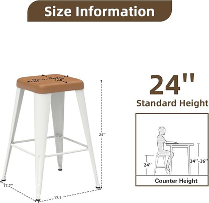 Bar Stools Set of 4, 24" Counter Height Bar Stools Backless, Upholstered Bar Stools with Brown Seat and White Metal Legs for Kitchen Island, Study Room, Cafe