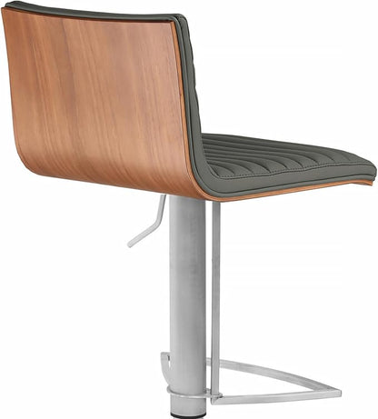 Armen Living LCCASWBAGRB201 Café Adjustable Barstool in Grey Faux Leather and Brushed Stainless Steel Finish, Gray/Walnut, 31.5" x 19.29" x 17"