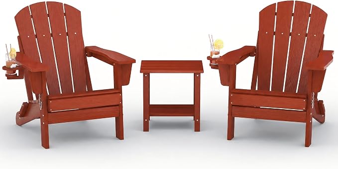 Garvee Folding Adirondack Chair Set of 2 with Side Table, HDPE Outdoor Patio Chair with Cup Holder, All Weather Resistent Wooden Textured for patios, Decks, Gardens, fire Pit, Red