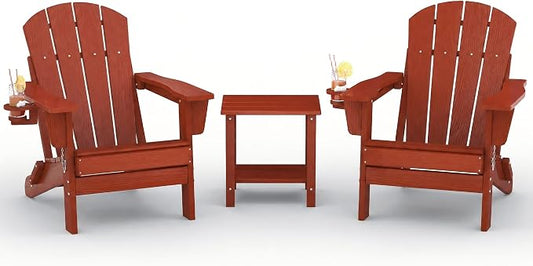 Garvee Folding Adirondack Chair Set of 2 with Side Table, HDPE Outdoor Patio Chair with Cup Holder, All Weather Resistent Wooden Textured for patios, Decks, Gardens, fire Pit, Red
