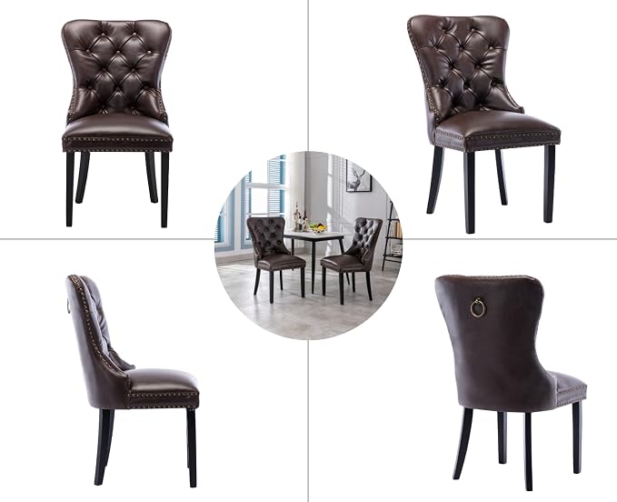 EALSON Modern Dining Chairs Set of 6 Mid Century Leather Dining Room Chairs with Wood Legs Tufted Upholstered Kitchen Side Chairs with Nail Head Trim for Dining Room/Living Room, Coffee with Ring