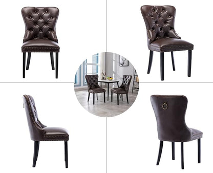 EALSON Modern Dining Chairs Set of 6 Mid Century Leather Dining Room Chairs with Wood Legs Tufted Upholstered Kitchen Side Chairs with Nail Head Trim for Dining Room/Living Room, Coffee with Ring