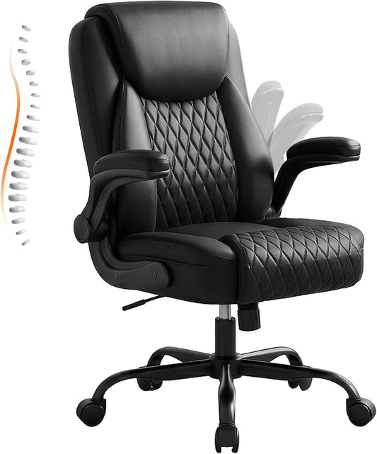 GTPLAYER Leather Office Chair, Home Desk Chair with Flip-up Arms and Ergonomic Back - Comfy Heavy Duty Executive Chair for Home Office Gaming, Charcoal Black
