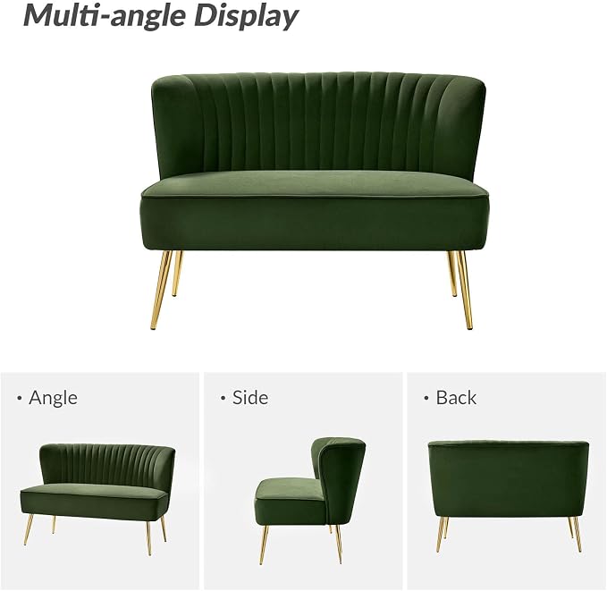 TINA'S HOME Mid-Century Velvet Loveseat Sofa, Upholstered Loveseat Couch with Golden Metal Legs, Small Tufted 2-Seat Sofa Armless Love Seat for Living Room Bedroom, Forest