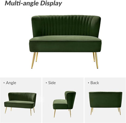 TINA'S HOME Mid-Century Velvet Loveseat Sofa, Upholstered Loveseat Couch with Golden Metal Legs, Small Tufted 2-Seat Sofa Armless Love Seat for Living Room Bedroom, Forest
