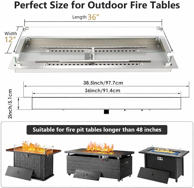 GRISUN Upgraded 36" x 12" Drop-in Fire Pit Burner Kit, Gas Fire Pit Kit with Glass Wind Guard & Lid, Linear Fire Pit Pan Insert with Spark Ignition for Fire Pit Tables