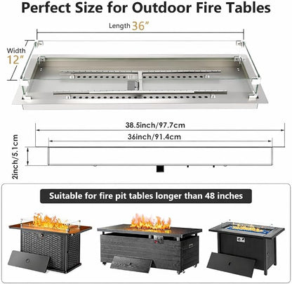 GRISUN Upgraded 36" x 12" Drop-in Fire Pit Burner Kit, Gas Fire Pit Kit with Glass Wind Guard & Lid, Linear Fire Pit Pan Insert with Spark Ignition for Fire Pit Tables