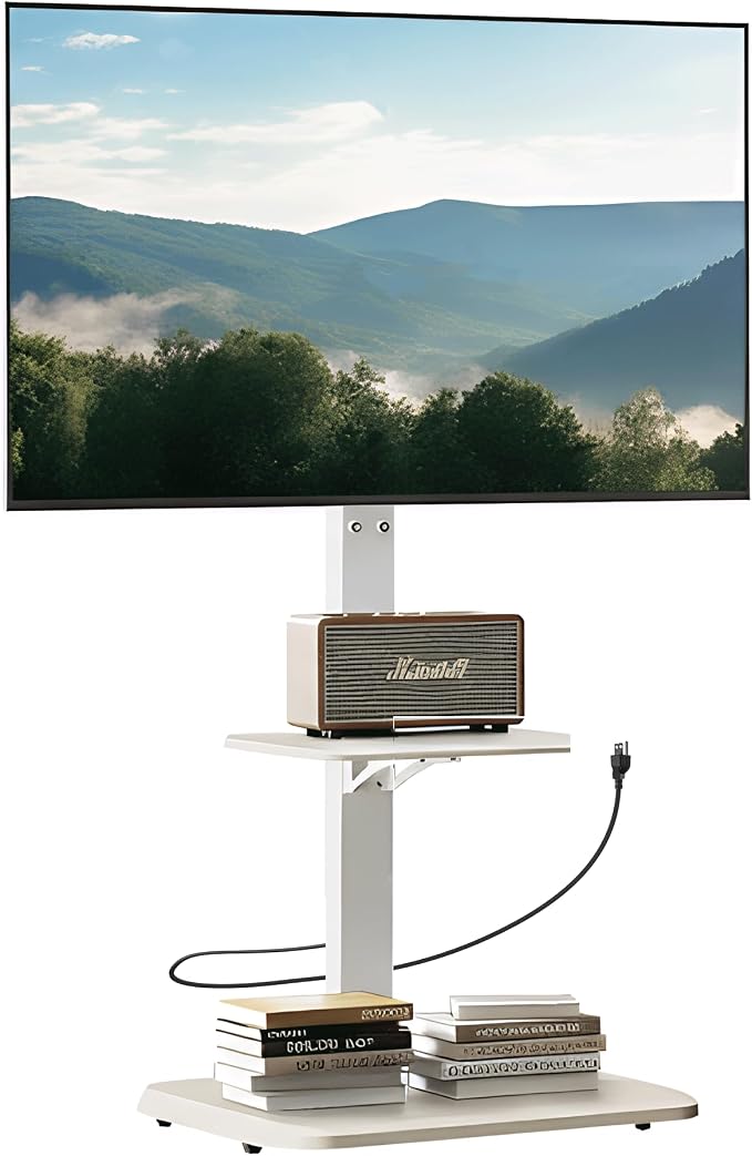 Perlegear Floor TV Stand with Power Outlet, Universal TV Stand for 32-75 inch TVs up to 110 lbs, Tall TV Mount for Bedroom with Shelf, Wood Base, Height Adjustable, Max VESA 600x400mm, White, PGFS06W