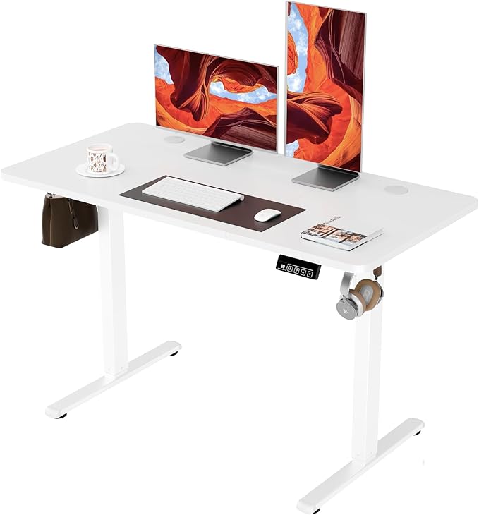 ERGOMAKER Electric Standing Desk, 47.2" x 23.6" Height Adjustable Sit Stand Desk with Splice Board for Home Office, Computer Desk Memory Preset (White Frame, White Desktop)