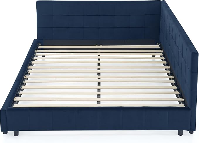 Bellemave Queen Size Corner Bed Frame with Comfortable Backrest and Armrests, Velvet Tufted Corner Bed Frame Queen Size, Upholstered Daybed for Bedroom, Living Room, Guest Room, Dark Blue