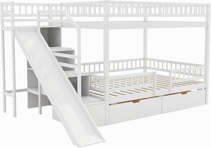 Full Over Full Bunk Bed with Slide and Staircase