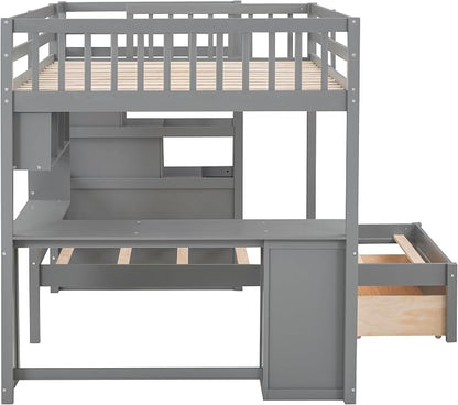 Merax Full Over Twin Bunk Bed with Desk,Drawers and Shelves,Full Size Loft Bed Frame with Stairs Storage and Drawers,Gray