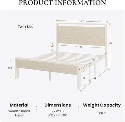 SHA CERLIN 14 Inch Twin Metal Platform Bed Frame with Wooden Headboard and Footboard, No Box Spring Needed, Large Under Bed Storage, Heavy Duty Slats Support, White Washed Oak