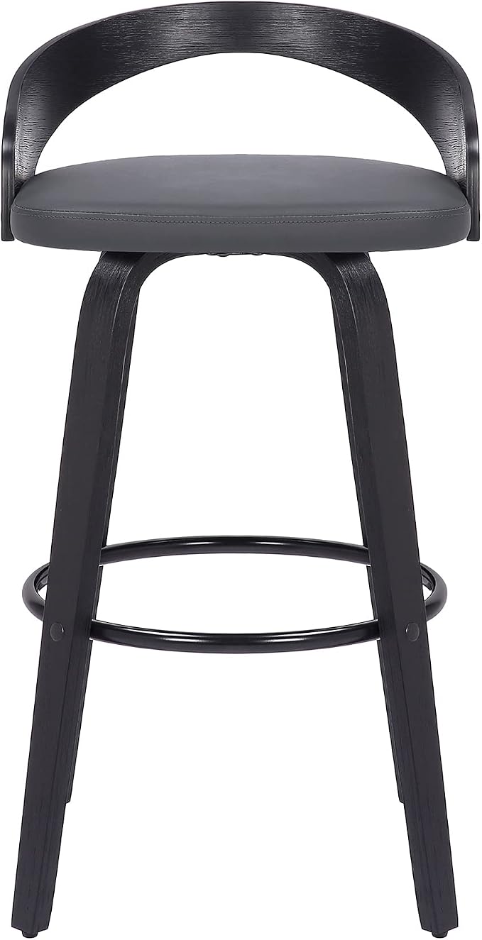 Armen Living Sonia 30" Bar Height Swivel Gray Faux Leather and Black Wood Bar Stool