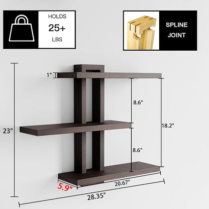 yaqew Variable Wood Floating Shelves Set of 3, Wall Cube Shelves 28.35" Max, Wall Shelves for Living Room Bathroom Bedroom - Dark Walnut Color - 28.35" x 23" x 5.9" Max