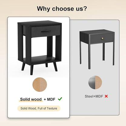 GYIIYUO 24" H Nightstands Set of 2 with Fabric Drawer, Black | Open Wood Shelf, Side Table with Storage for Bedroom, Spacious 15.7"L x 11.8"W x 24"H Top Fits Lamp + Books, Stable Frame