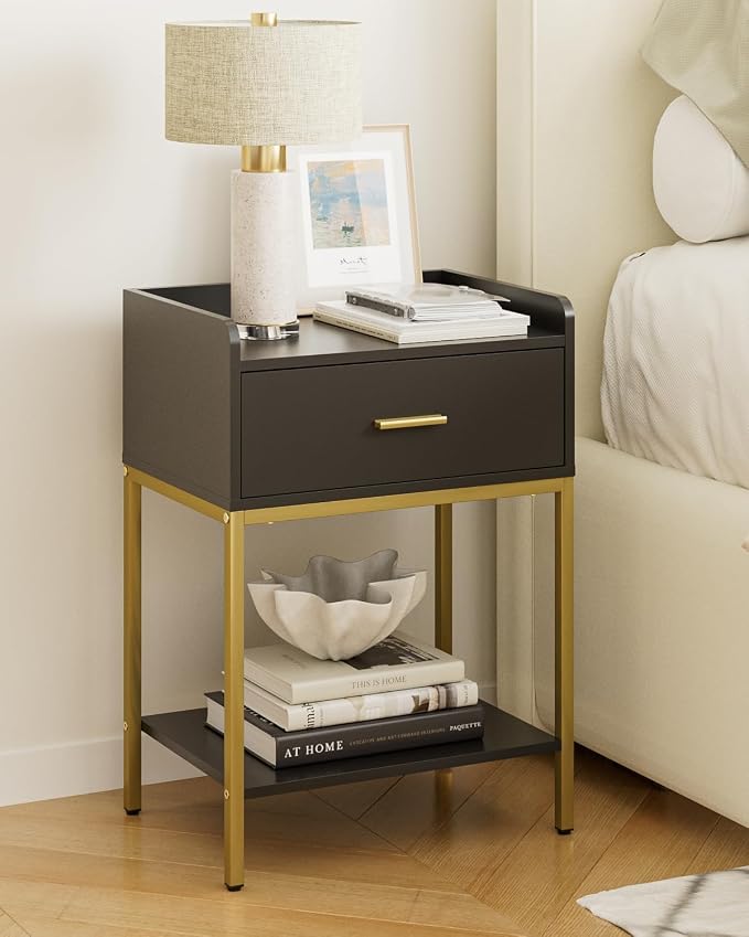 Masupu Nightstand,Bedside Table 3-Tier Modern Night Stand with Storage Drawer and Shelf,Small End Side Table for Bedroom,Living Room,Black (Without Outlet, Black)