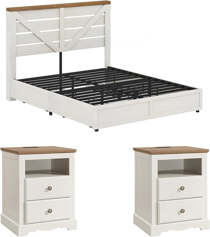 AMERLIFE 3 Piece Bedroom Set Including Farmhouse Full Size Bed Frame with 4 Drawers, Nightstands Set of 2 with Charging Station for Bedroom, White