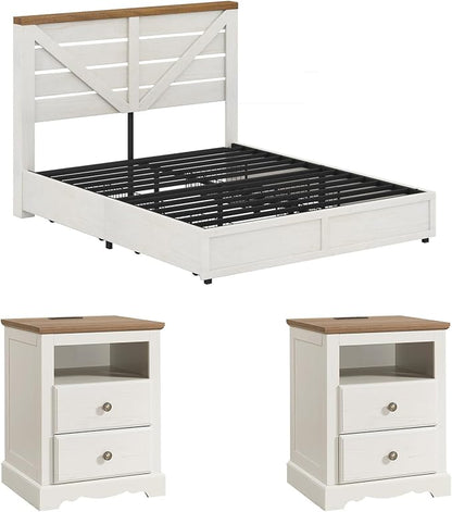 AMERLIFE 3 Piece Bedroom Set Including Farmhouse Full Size Bed Frame with 4 Drawers, Nightstands Set of 2 with Charging Station for Bedroom, White