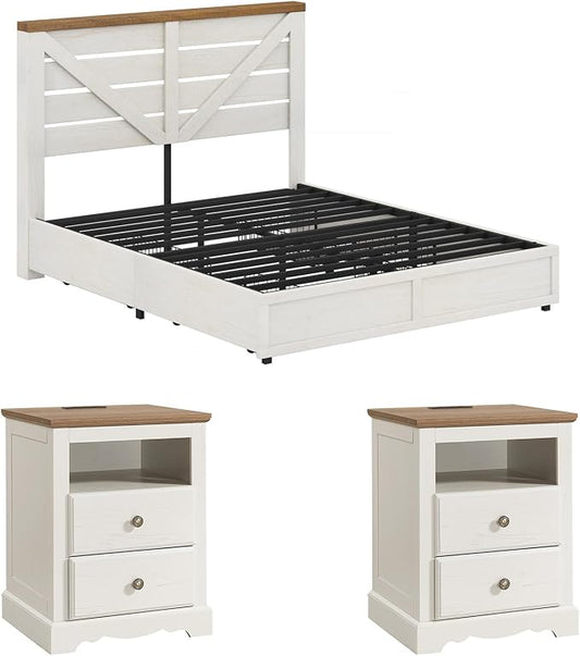 AMERLIFE 3 Piece Bedroom Set Including Farmhouse Full Size Bed Frame with 4 Drawers, Nightstands Set of 2 with Charging Station for Bedroom, White