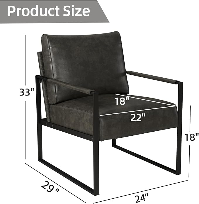 INZOY Leather Accent Chair with Metal Frame, Comfy Living Room Chair with Plump Cushion and Backrest, Mid Century Modern Chair with Sturdy Structure, Easy to Clean, Dark Grey
