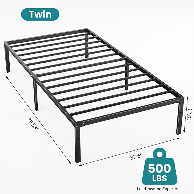 Sweetcrispy Twin Size 12 Inch Platform Bed Frame, Heavy Duty Metal Foundation Frame, Noise-Free Sturdy Steel Slats, Underbed Storage, No Box Spring Needed, Quick Setup