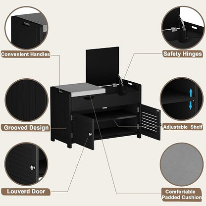 ChooChoo Shoe Storage Bench with Lift Top Storage, Entryway Bench with 2 Cushioned Seats, 3 Compartments, Adjustable Shelf, Shoe Cabinet for Entryway, Bedroom, Living Room, Black