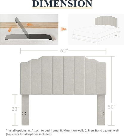Befurtori Queen Size Headboard Only, Linen Wall Mounted Headboard Queen/Full Size for Adjustable Bed, Modern Vertical Channel Design with Curved Tufted Upholstered Head Board, Linen Gray