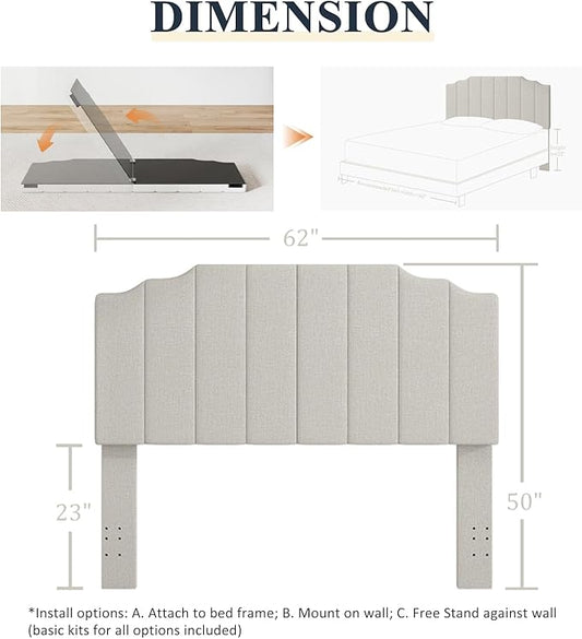 Befurtori Queen Size Headboard Only, Linen Wall Mounted Headboard Queen/Full Size for Adjustable Bed, Modern Vertical Channel Design with Curved Tufted Upholstered Head Board, Linen Gray
