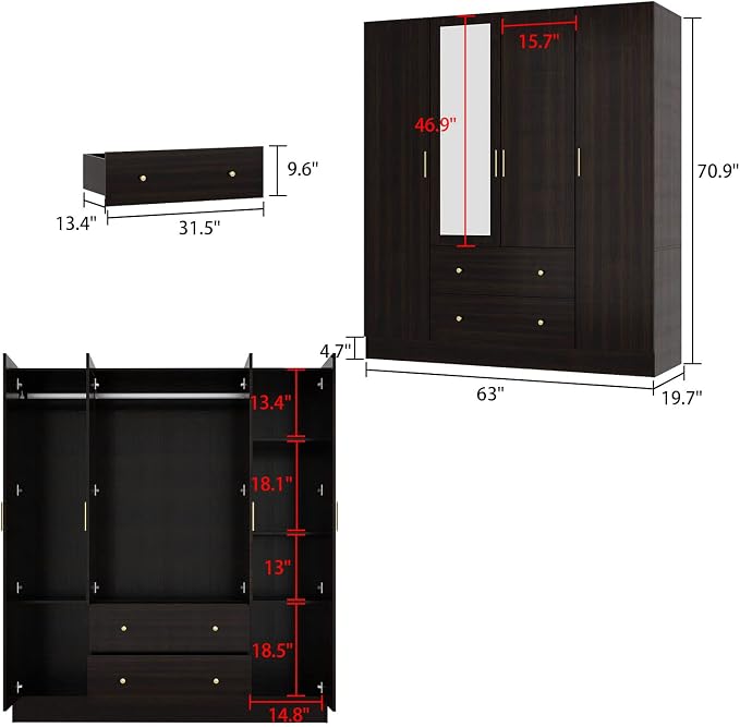 4 Door Wardrobe Armoire Closet with Mirror Door, 63" W Wooden Cabinet with 2 Drawers & Hanging Rod, Bedroom Armoire Dresser Wardrobe Clothes Organizer, Espresso