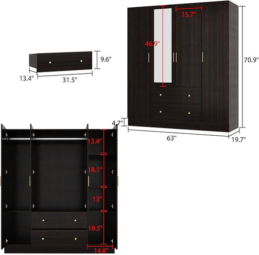 4 Door Wardrobe Armoire Closet with Mirror Door, 63" W Wooden Cabinet with 2 Drawers & Hanging Rod, Bedroom Armoire Dresser Wardrobe Clothes Organizer, Espresso