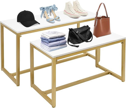 2-Piece Set Gold Modern Nesting Tables, Metal Shoe Handbag Retail Display Racks, Metal Display Riser Shelf for Shoes, Handbags, Home, Clothing Shops, Retail Stores