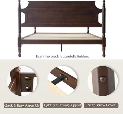 Solid Wood Queen Size Platform Bed Frame with Headboard & Footboard, Center Metal Legs, 12 Heavy-Duty Slats, Noise-Free, No Box Spring Needed, Easy Assembly, Dark Roast Oak Finish, ROQ-32