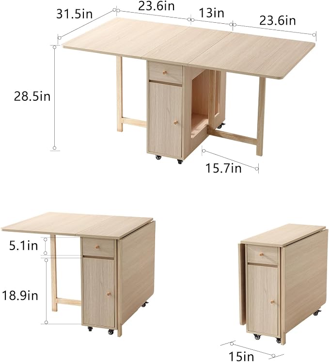COMUHOME Extendable Drop Leaf Folding Dining Table with 2 Drawers and 4 Wheels for Living Room Kitchen Farmhouse Space Saving Table in Wood Color