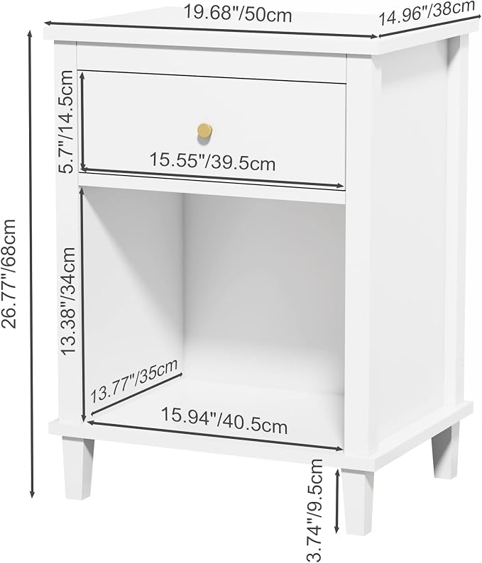 Nightstand with Drawer, 26.77''H Wooden Nightstand with Drawer & Open Storage Shelf, Modern Bedside Table for Kids, End Table for Living Room Bedroom, White
