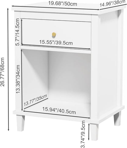 Nightstand with Drawer, 26.77''H Wooden Nightstand with Drawer & Open Storage Shelf, Modern Bedside Table for Kids, End Table for Living Room Bedroom, White