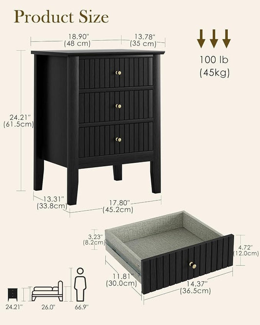 Fluted Nightstand, Farmhouse Night Stand with 3 Drawers, Mid Century Modern Side Accent Table,Bedside End Table for Bedroom, Living Room, Black