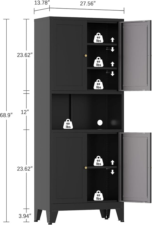 Metal Storage Cabinet, 69" Tall Bathroom Cabinets with 4 Doors & 3 Adjustable Shelves Large Cupboard, Black Metal Pantry Cabinets for Kitchen, Home Office, Garage, Warehouse
