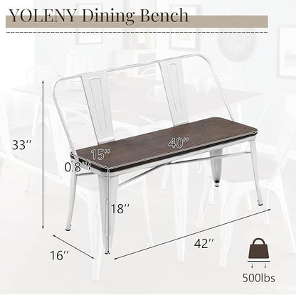 YOLENY Dining Bench, Entryway Bench with Back, Farmhouse Metal Dining Bench, Industrial Mid-Century 3 Person Rustic Spindle Bench, with Wood Seat, Removable Backrest, 42in, White