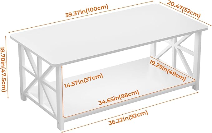 GreenForest Coffee Table for Living Room with Round Corners | Modern Style Center Table with Storage Shelf,39 Inch X-Frame Sofa Table,Space Saving,Easy Assembly,Full Wh