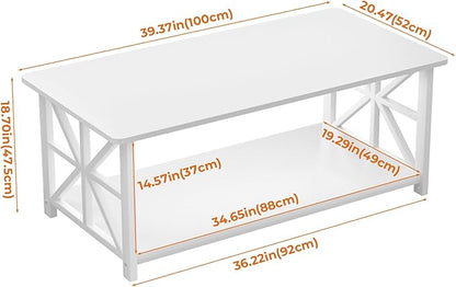 GreenForest Coffee Table for Living Room with Round Corners | Modern Style Center Table with Storage Shelf,39 Inch X-Frame Sofa Table,Space Saving,Easy Assembly,Full Wh